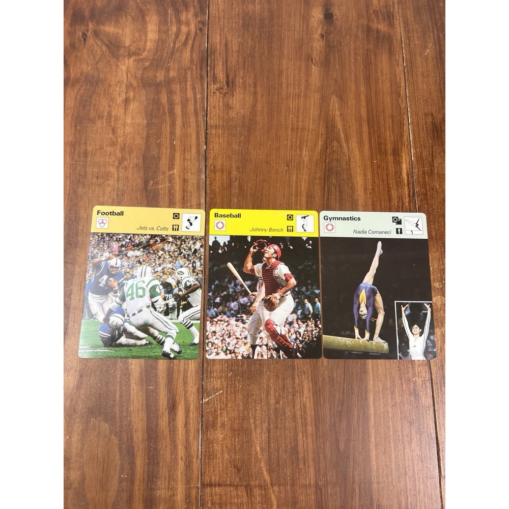 Sportscaster Lot Of 3 Football Cards-Johnny Bench Nadia Comaneci Jets Colts